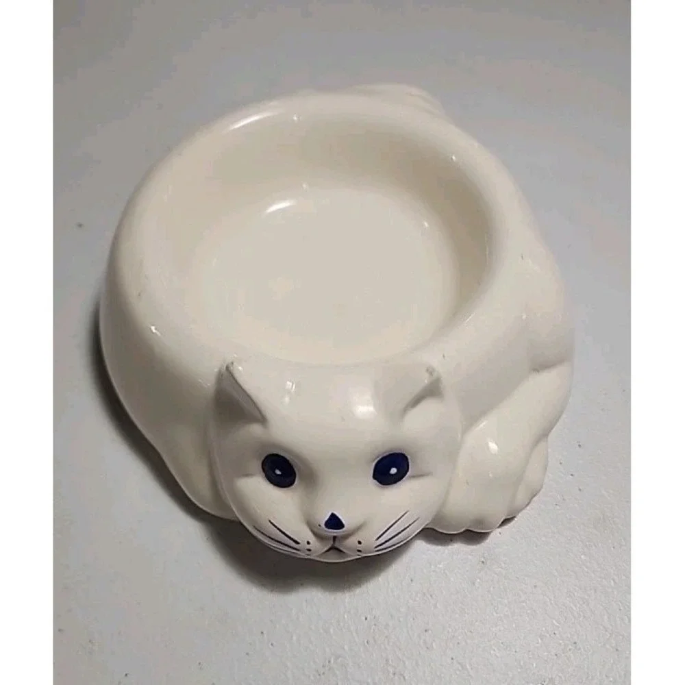 Vtg Cat Kitten Pet Food Dish Ceramic Treat Bowl Lillian Vernon White Blue Eyes